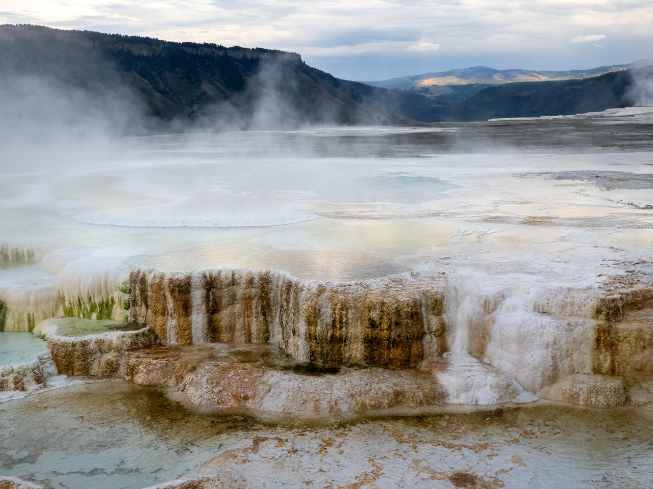Authentic view of Mammoth Hot Springs along the Yellowstone and North Utah route