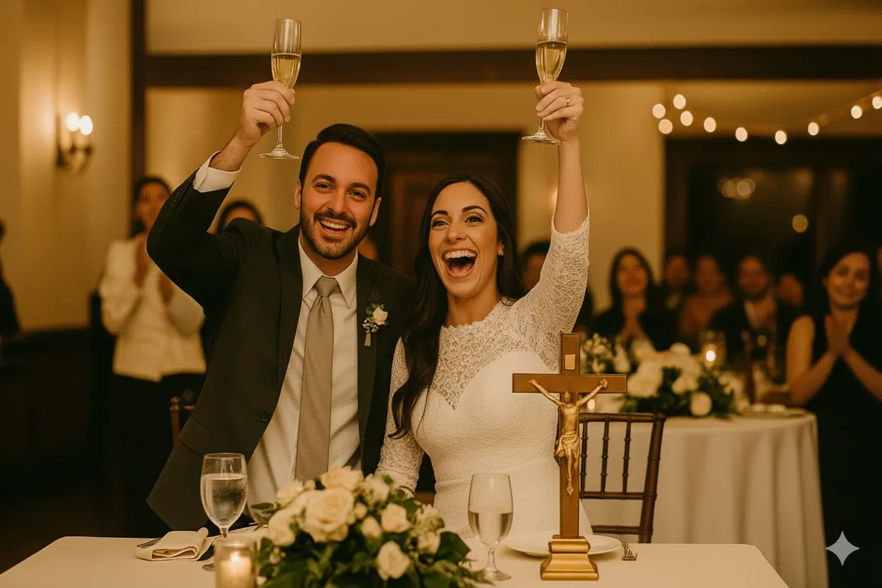 Destination wedding reception with newlyweds toasting